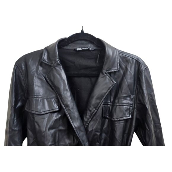 ZARA Faux Leather Wrap Mini Dress Black Long Sleeve Belted Shirt Style Dress S - Picture 6 of 13